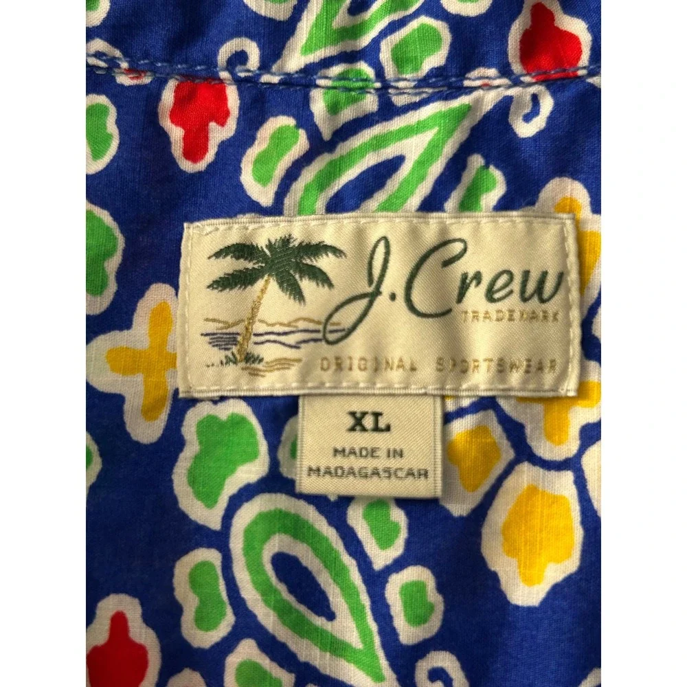 J Crew Mens XL Re-Imagined Slub Cotton Camp Collar Short Sleeve Blue Shirt Retro